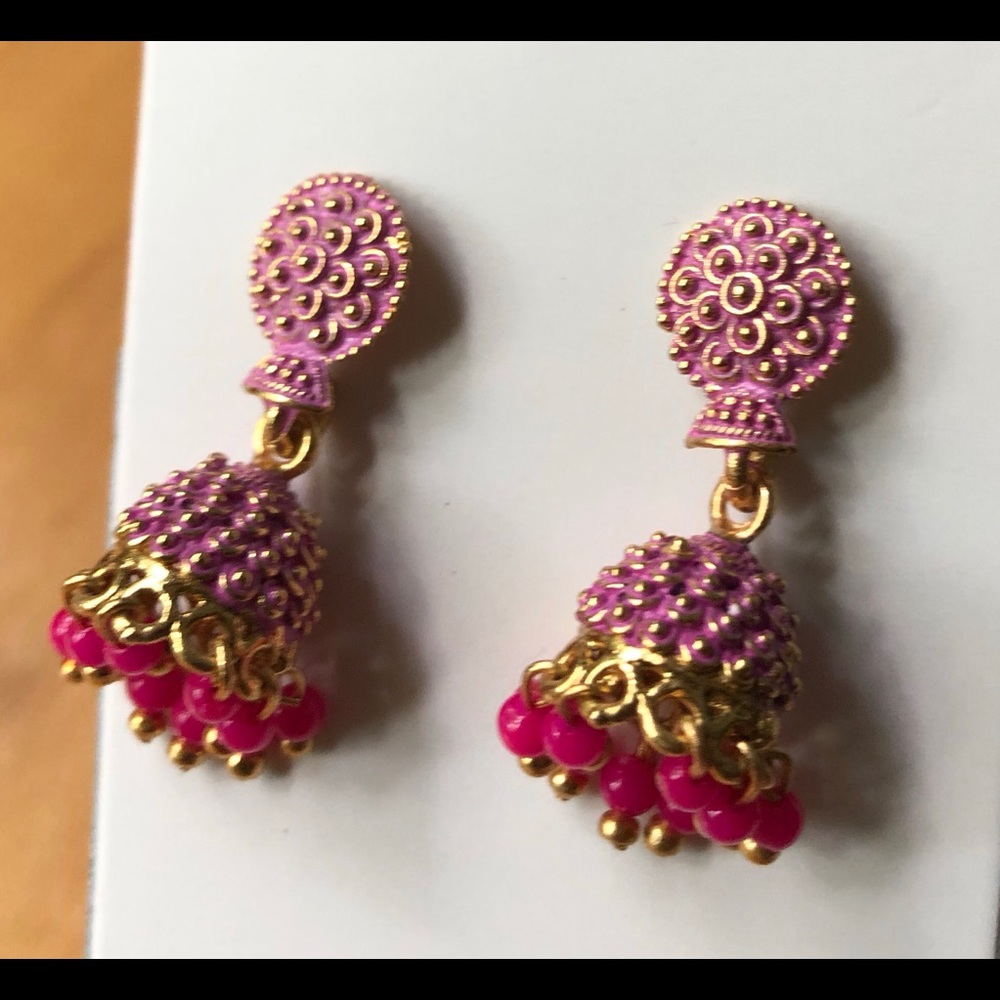 Genuine Indian Earrings- Hot pink, chandelier - Picture 2 of 6